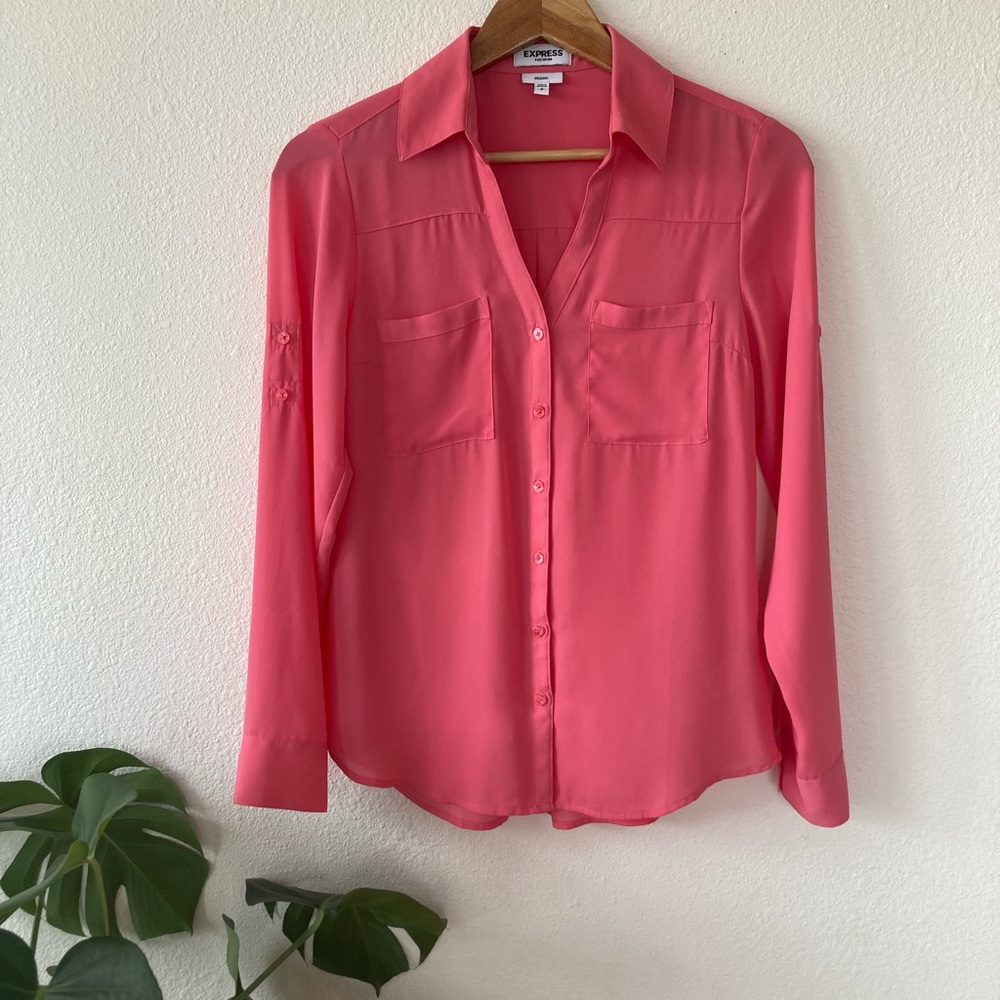 Express Portofino Pink Button Front Blouse Size S Semi Sheer